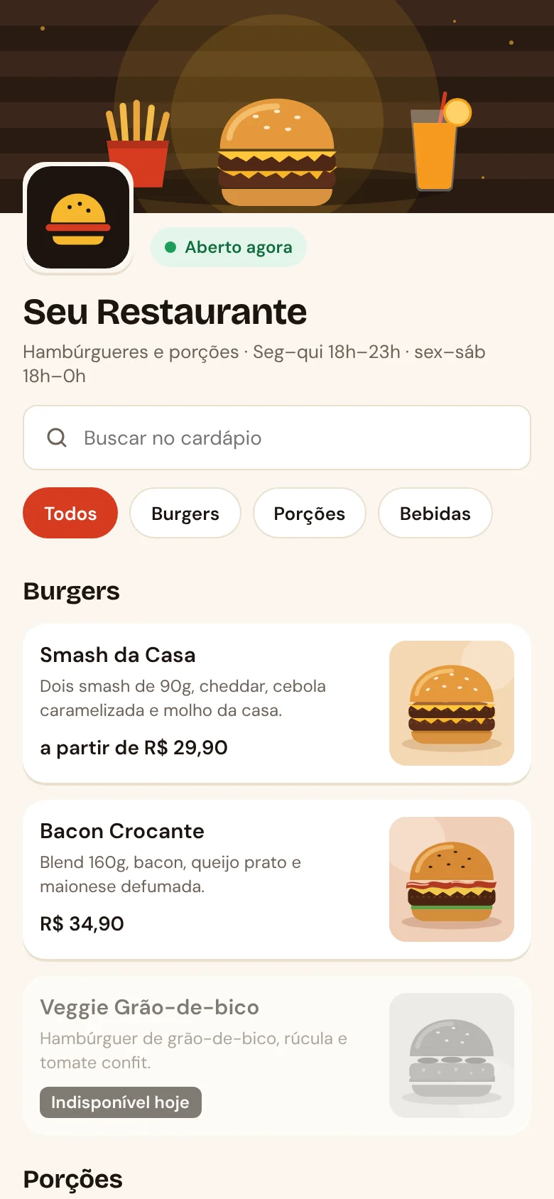Cardápio do MenuGo no celular com categorias e hambúrgueres