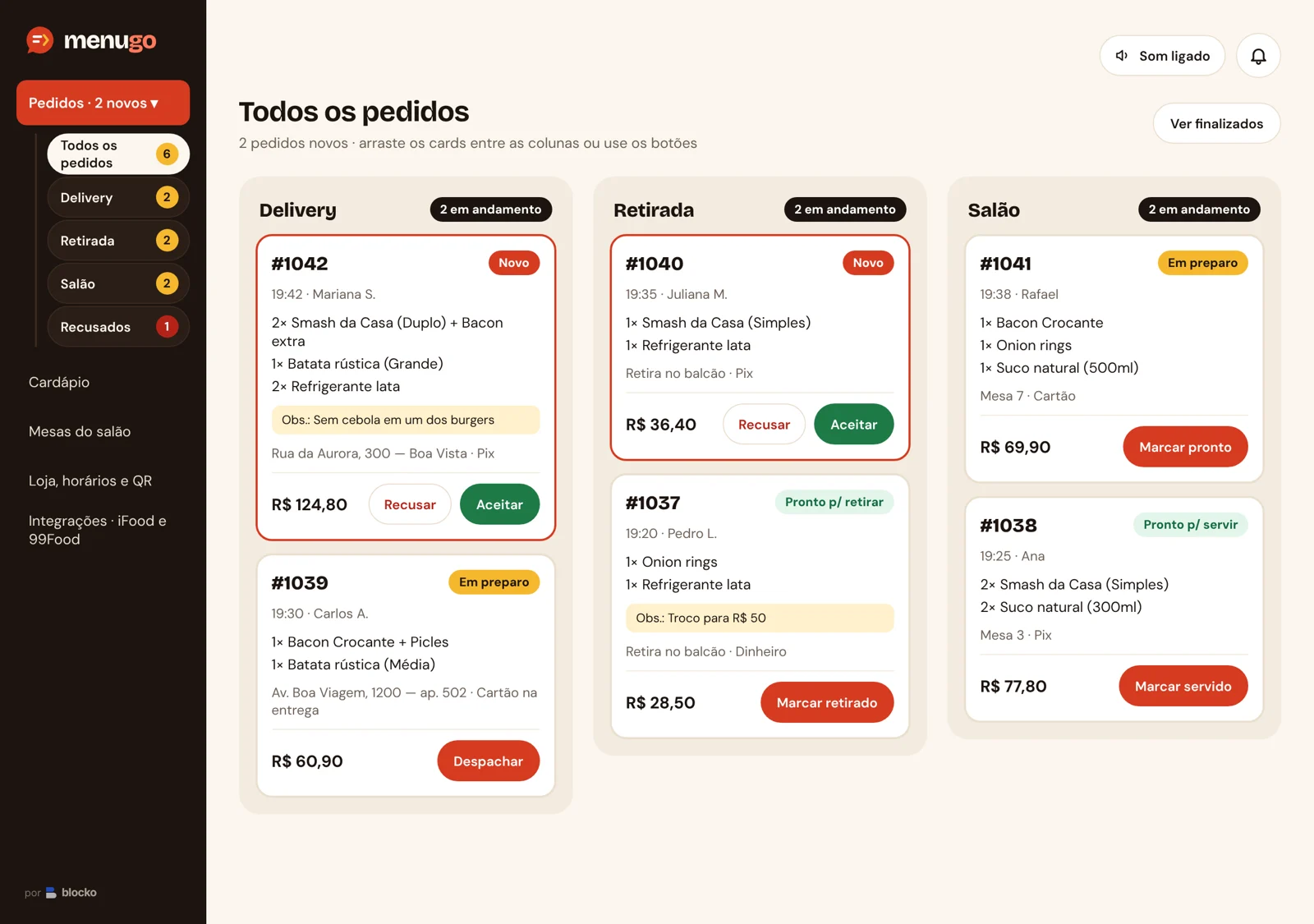Painel de pedidos do MenuGo