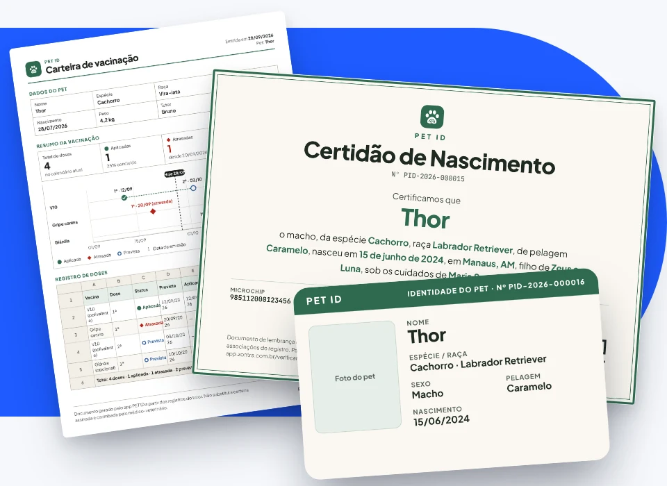 Carteira de vacinação, certidão de nascimento e identidade do pet gerados em PDF