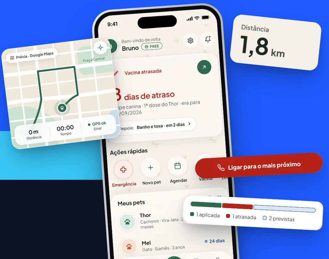 App PET ID no celular com vacina atrasada, mapa do passeio e ações rápidas