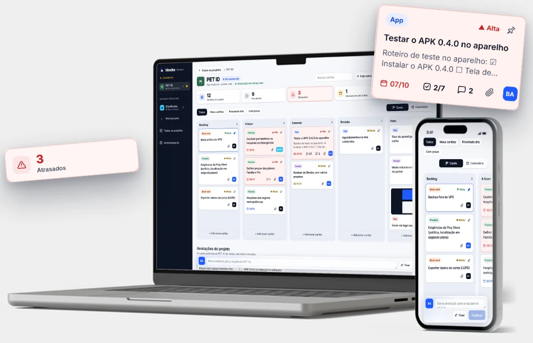 Quadro, o kanban da Blocko, aberto num notebook e num celular
